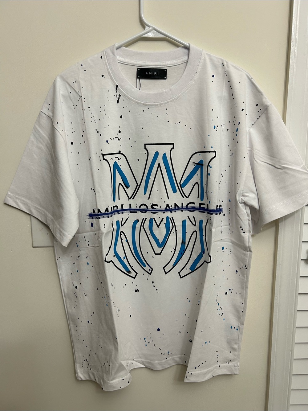 AMIRI White T-Shirt with Blue Logo and Paint-Splatter